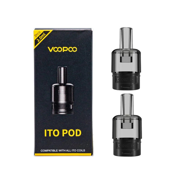 VOOPOO ITO replacement pods for vaping device, shown in black and transparent, compatible hardware accessories.