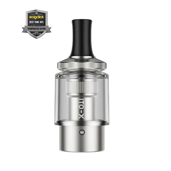 VOOPOO ITO-X replacement pods for vaping device, clear plastic with mouthpiece and e-liquid fill ports, compatible with VOOPOO hardware