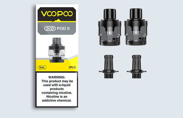 VOOPOO PnP 2 replacement vape pods, refillable and compatible with VOOPOO devices, shown in black and transparent designs.