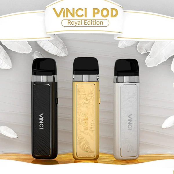 VOOPOO Vinci Pod Royal Edition pod system with sleek design and adjustable airflow, featuring a compact hardware device for vaping.
