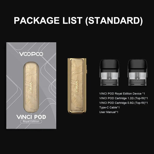 VOOPOO Vinci Pod Royal Edition pod system with sleek design, showing the compact hardware device and replaceable pod.