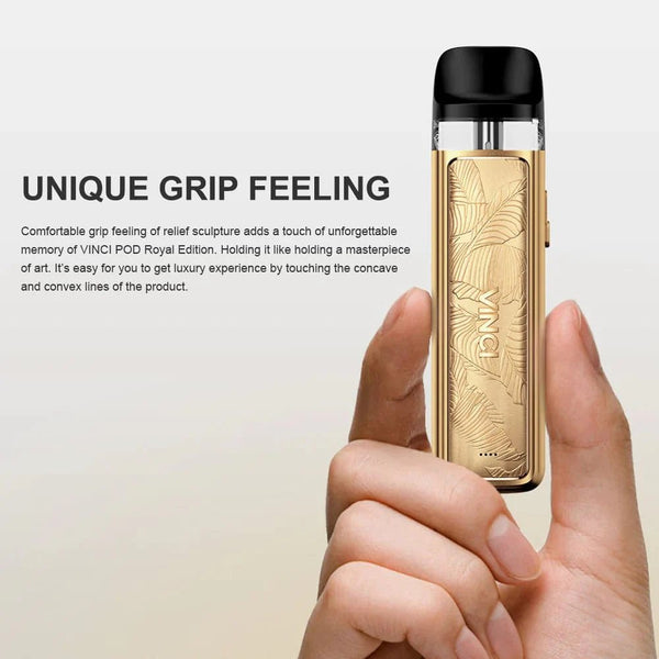 VOOPOO Vinci Pod Royal Edition pod system with sleek design and compact hardware for vaping convenience, featuring adjustable airflow.