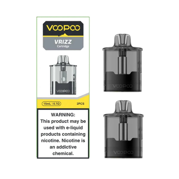 VOOPOO VRIZZ replacement pods for vaping device, clear e-liquid chamber and mouthpiece, compatible with VOOPOO VRIZZ hardware.