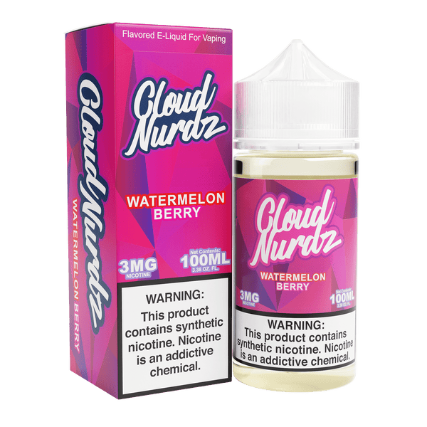 Cloud Nurdz Watermelon Berry e-liquid 100mL bottle with vibrant watermelon and berry flavor illustration.