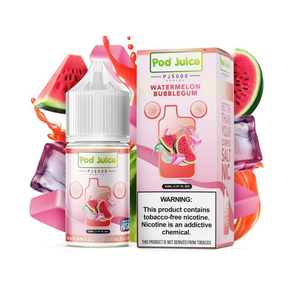 Bottle of Watermelon Bubblegum PJ5000 SALT e-liquid by Pod Juice, 30mL, with vibrant watermelon and bubblegum flavor label.