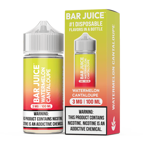 E-liquid bottle of Watermelon Cantaloupe flavor by Bar Juice, featuring fresh watermelon and cantaloupe fruit on the label.