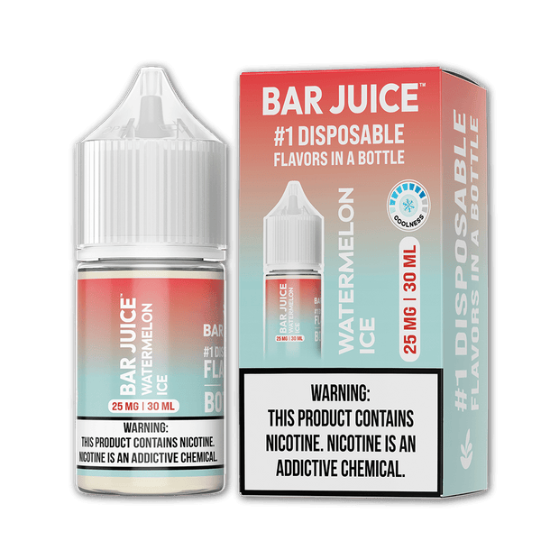Bar Juice Watermelon ICE Salt e-liquid bottle with colorful label and 30mL capacity, featuring a refreshing watermelon and mint design.