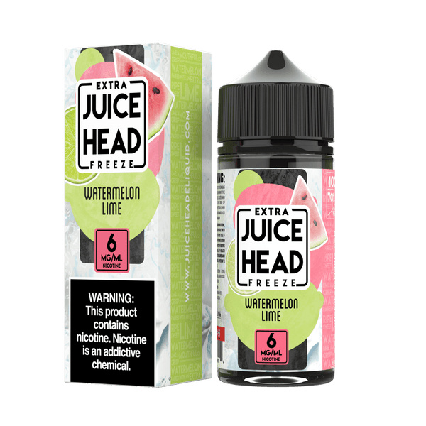 Juice Head Watermelon Lime Freeze e-liquid bottle, 100mL, with vibrant watermelon and lime flavor visuals.