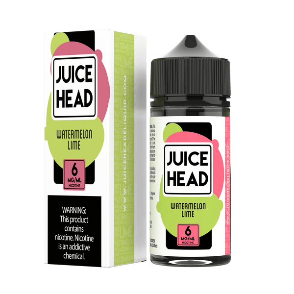Juice Head Watermelon Lime e-liquid bottle, 100mL with vibrant watermelon and lime flavor label on clear plastic bottle.