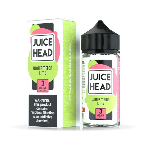 Watermelon Lime Juice Head e-liquid bottle, 100mL, featuring a vibrant label with images of watermelon and lime for vaping.