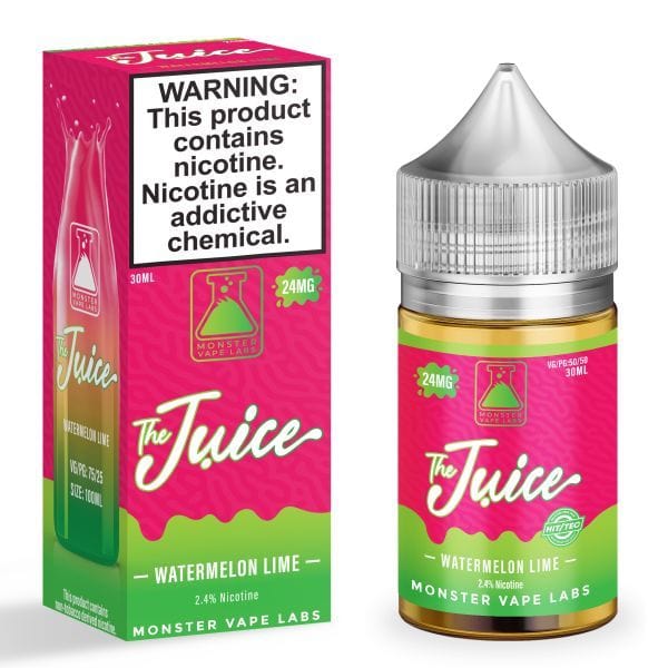 Juice Monster Watermelon Lime Salt e-liquid bottle, 30mL with vibrant watermelon and lime flavor design.