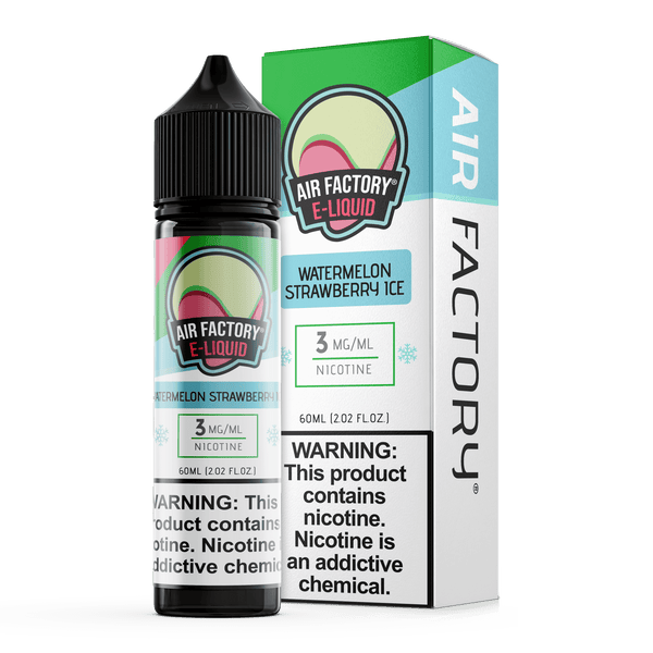 Bottle of Watermelon Strawberry ICE E-liquid by Air Factory, 60mL, with vibrant watermelon and strawberry flavor imagery.