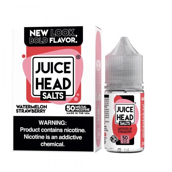 Bottle of Juice Head Watermelon Strawberry e-liquid Salt Nicotine 30mL with colorful label featuring watermelon and strawberry images.