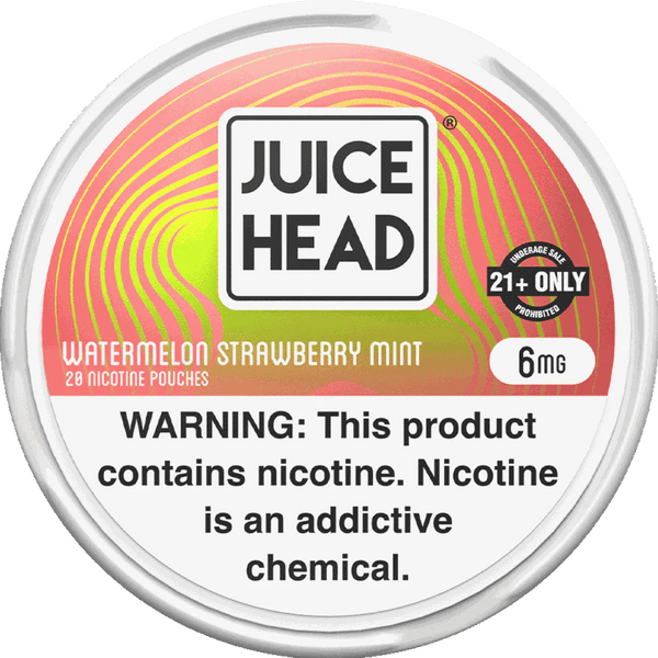 Watermelon, strawberry, and mint flavor Juice Head nicotine pouches in a 20-count package, featuring vibrant fruit and mint design.