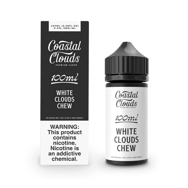 White Clouds Chew e-liquid by Coastal Clouds in 100mL bottle, featuring a smooth, cloud-inspired flavor for vaping enjoyment.