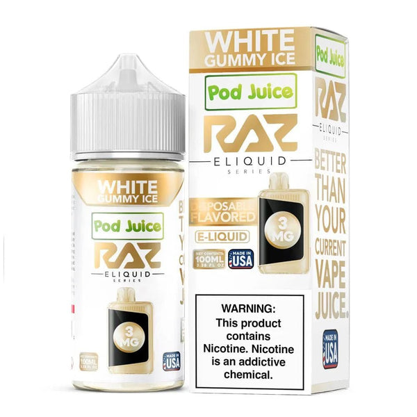 White Gummy ICE Pod Juice x Raz E-Liquid 100mL bottle with colorful label showcasing the flavor and product branding.