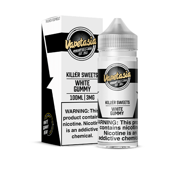 Vapetasia White Gummy e-liquid bottle, 100ml, with white gummy candy flavor and colorful label design.