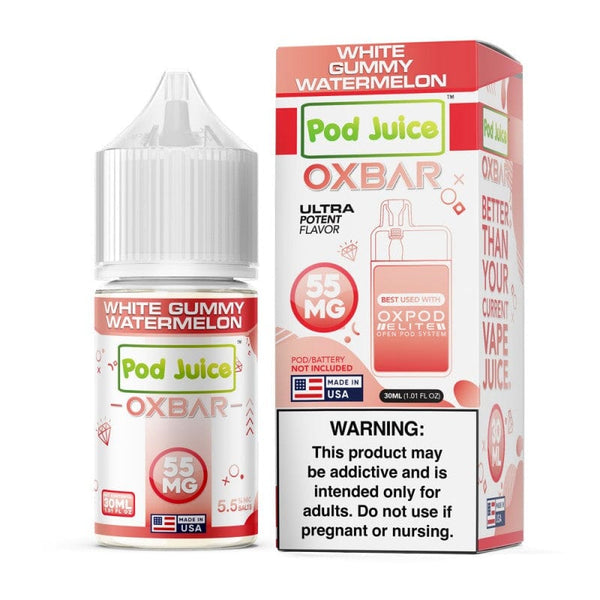 White Gummy Watermelon Salt e-liquid by Pod Juice in 30mL bottle, featuring a sweet gummy watermelon flavor.