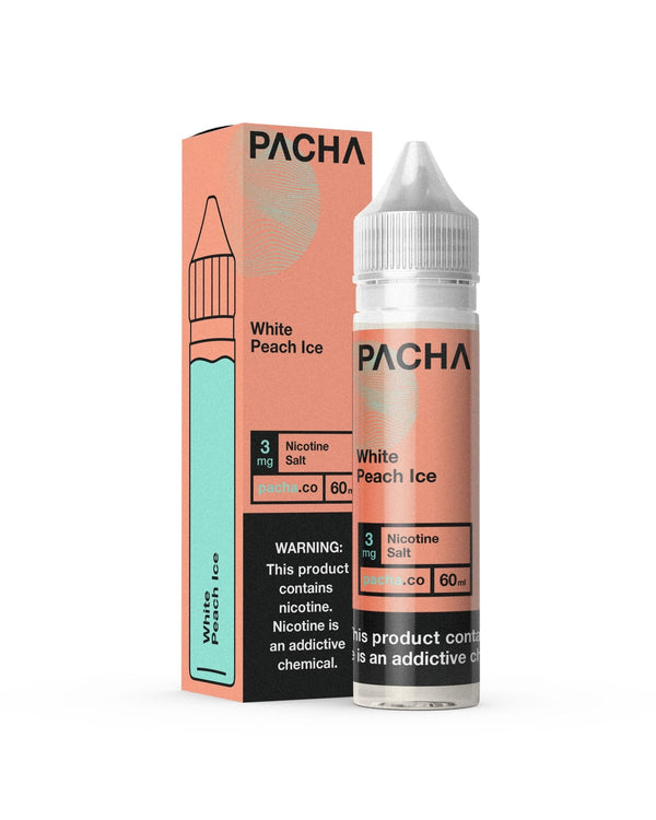 White Peach ICE e-liquid by Pachamama in a 60mL bottle, featuring a white peach flavor with cooling menthol.