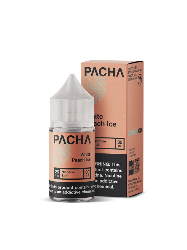 White Peach ICE Salt e-liquid by Pachamama in 30mL bottle, featuring white peach flavor with cooling menthol sensation.