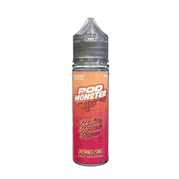 White Peach Razz SALT e-liquid by Pod Monster in a 60mL bottle, featuring white peach and raspberry flavors.
