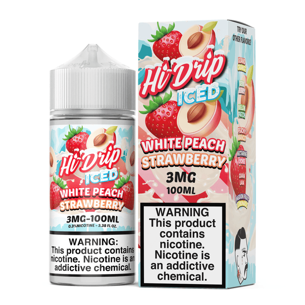 White Peach Strawberry Iced e-liquid by Hi Drip, 100ml bottle, featuring a refreshing blend of peach, strawberry, and cool menthol flavor.