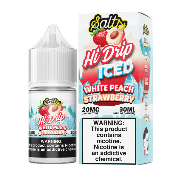 White Peach and Strawberry iced salt e-liquid by Hi Drip in 30mL bottle, featuring fruit flavors with a cooling menthol finish.