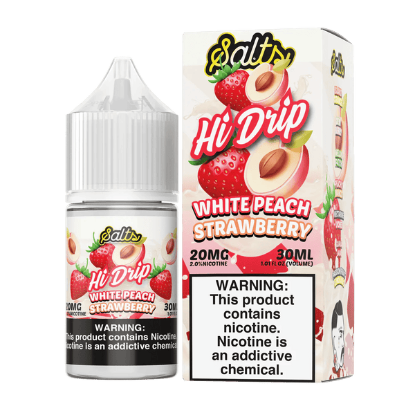 White Peach and Strawberry SALT e-liquid by Hi Drip in 30mL bottle, showcasing the colorful label and vape juice inside.