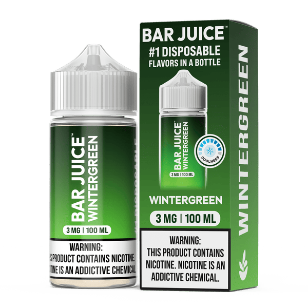 Wintergreen Bar Juice e-liquid 100mL bottle with vibrant label, showcasing the wintergreen flavor for vaping.