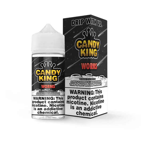 Candy King Worms E-liquid in 100mL bottle, featuring colorful worm-shaped candies on the label.
