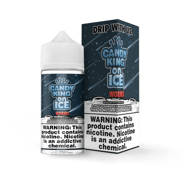 Candy King Worms on ICE e-liquid 100mL bottle featuring colorful gummy worm illustrations on the label