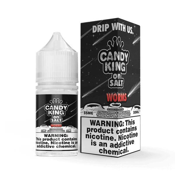 Worms SALT e-liquid by Candy King in 30mL bottle, featuring a vibrant label with colorful worm illustrations and bold branding.