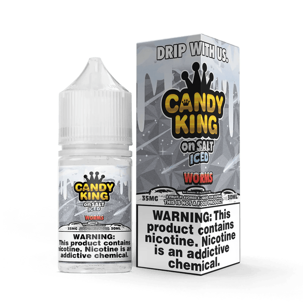 Candy King Worms SALT on ICE e-liquid bottle, 30mL, with colorful worm-shaped design on the label.