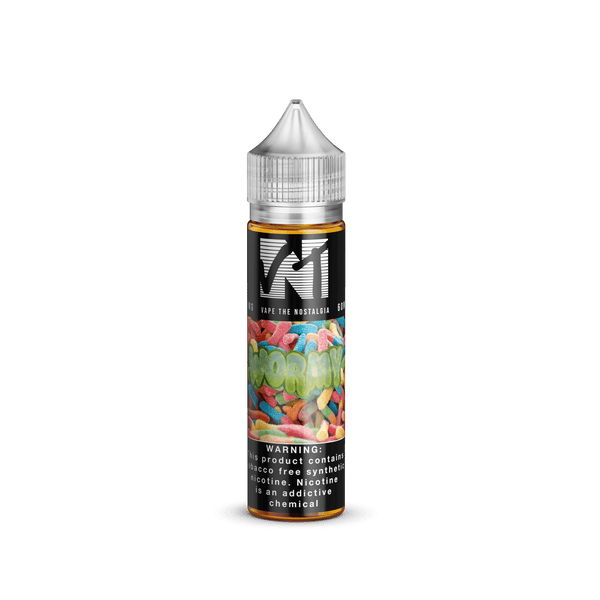 Bottle of Wormy Vape The Nostalgia 60mL e-liquid with colorful label featuring worm illustration and vibrant design.