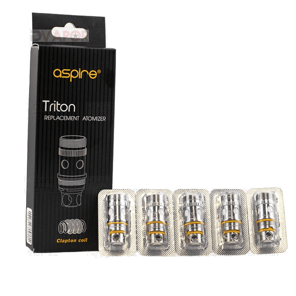 Aspire Triton and Atlantis replacement coils for vape devices, showing multiple coil heads with metal and wick components.