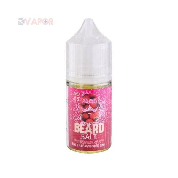 Beard Salts No. 05 NY Style Cheesecake strawberry-flavored e-liquid in a 30ml bottle with cheesecake and strawberries on the label.