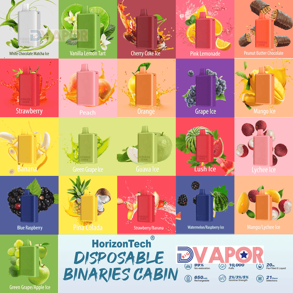 HorizonTech Binaries Cabin disposable vape with 10,000 puffs and 20ml e-liquid, shown in sleek design.