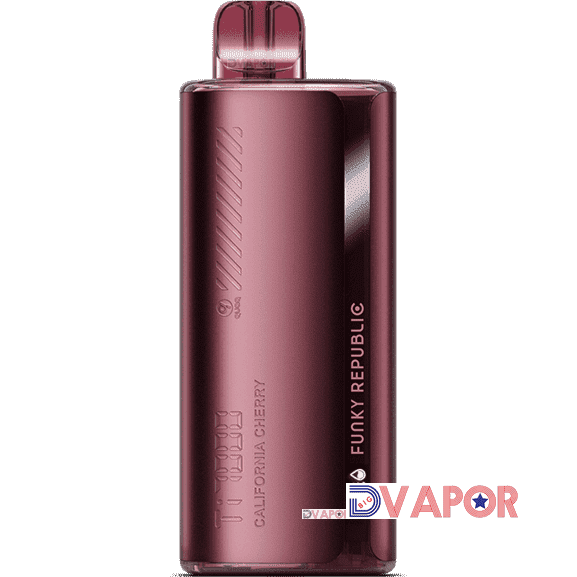 Funky Republic Ti7000 disposable vape in black with sleek design, featuring colorful branding and a mouthpiece for vaping.