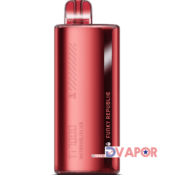 Funky Republic Ti7000 disposable vape in sleek design, non-refundable clearance item, with colorful branding and mouthpiece visible