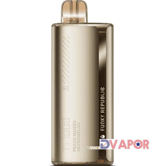 Funky Republic Ti7000 disposable vape with colorful design, compact size, and sleek shape for on-the-go vaping enjoyment.