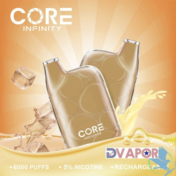 Core Infinity CR6000 disposable vape pen by Core Labs with 6000 puffs, used and discontinued, shown with sleek design.
