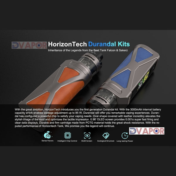 HorizonTech Durandal Mod full kit with 3000mAh battery and 4ml pod tank, showcasing sleek hardware and modern vaping design.