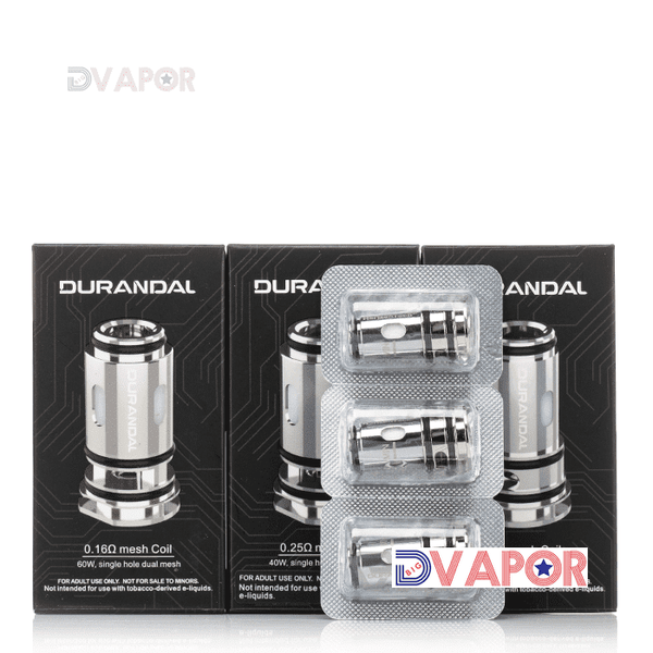 Set of three HorizonTech Durandal replacement coils for vape devices, showcasing the coil design and packaging.