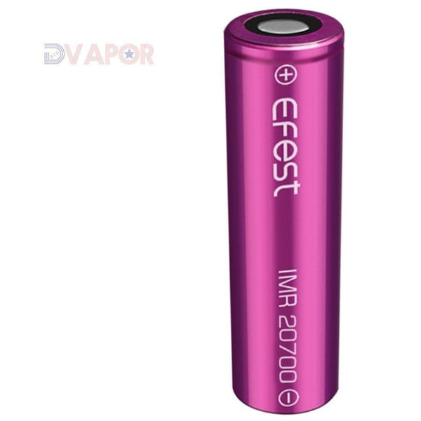eFest 20700 3000mAh 30A IMR lithium cell for vape devices, with metal casing and positive/negative terminals visible.