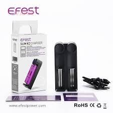 eFest Slim K2 dual battery charger for vape batteries, compact device with charging ports for rechargeable batteries.