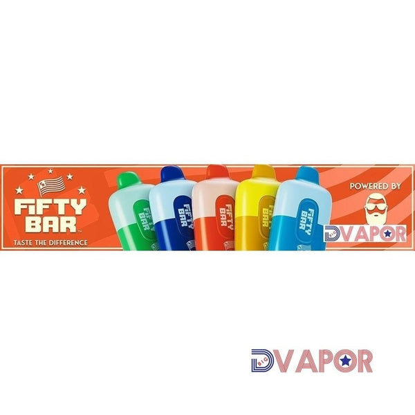 Fifty Bar 6500 disposable vape device with colorful design and mouthpiece, showcasing its sleek, portable shape.