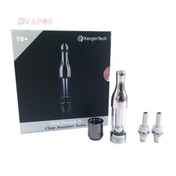 Kanger Mini Protank 2 vape tank, clear glass with black drip tip, designed for use with Kanger vaping devices.