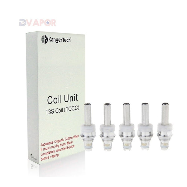 Big D Vapor Kanger T3/T3S/MT3S replacement coil for vape devices, showing the coil and threading for easy replacement.