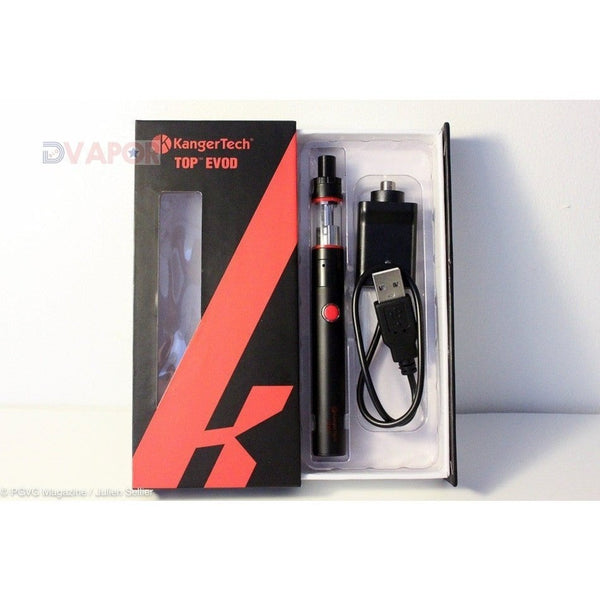 Kanger Top Evod Starter Kit hardware with clear plastic tank and battery, designed for vaping beginners.