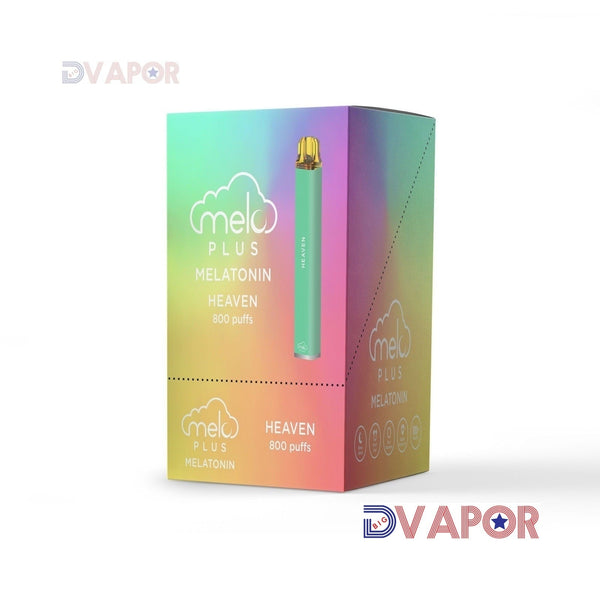 Melo Plus Melatonin-infused disposable vape with 800 puffs, zero nicotine, featuring sleek design and branding on the device.